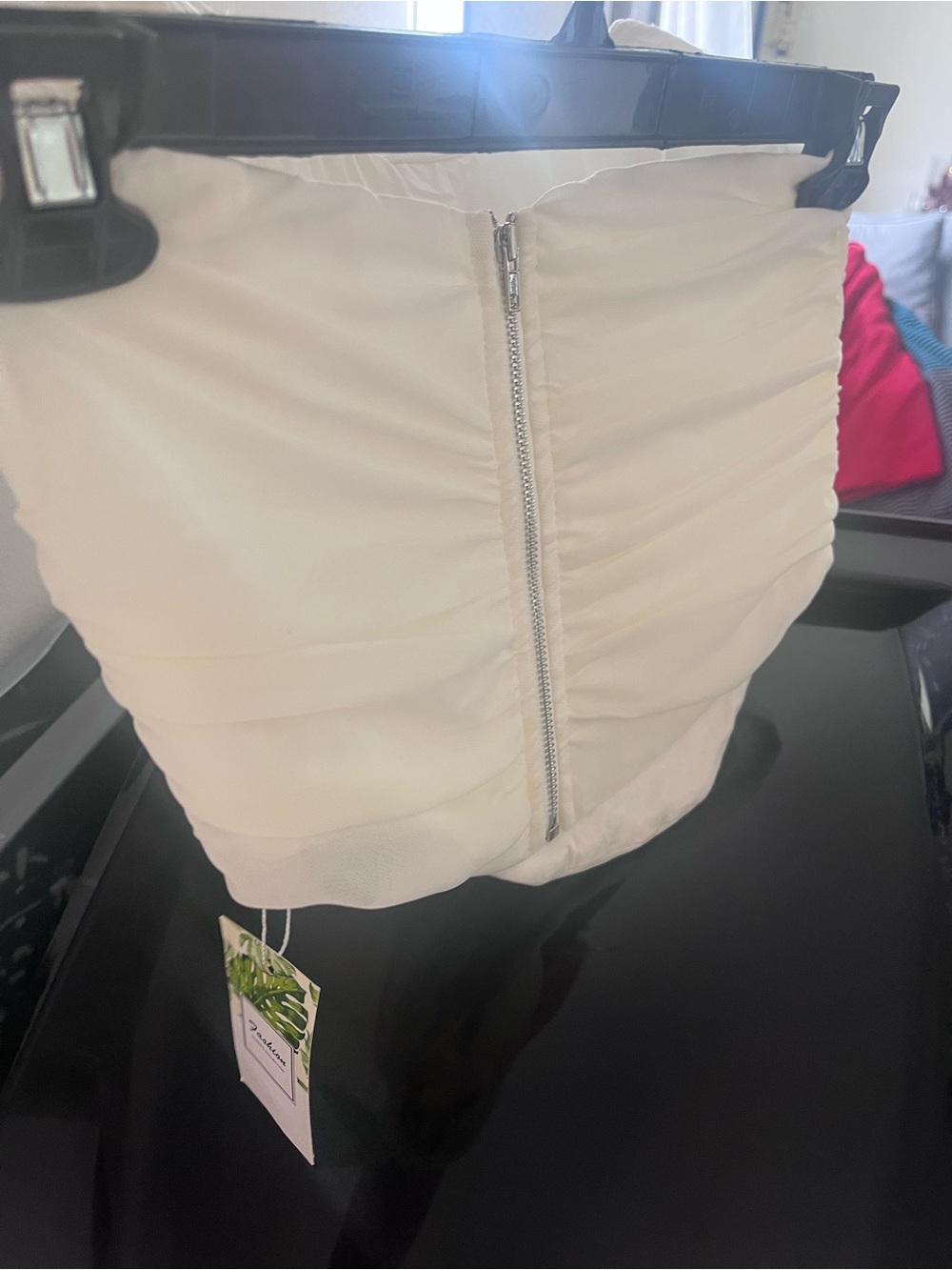 White Ruched Strapless Bustier with Front Zip